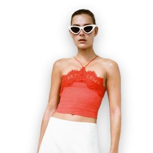 Zara Intense Red Lace Ribbed Halter Crop Top US Small